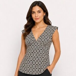 BCBG Paris Top L Black Cream Geometric V-Neck Cap Sleeve Empire Waist Y2K Office